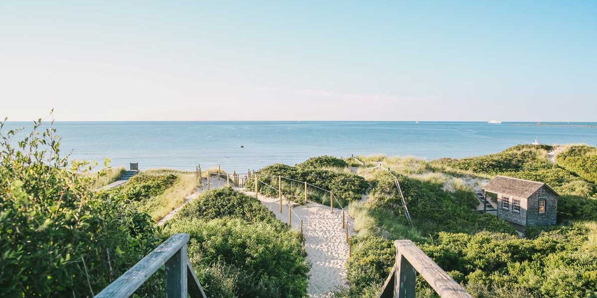 View of a beach path leading to the ocean.